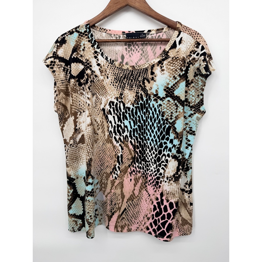 Tribal Snakeskin Print Top Women XL Multi Color Excellent Cap Sleeve Scoop Neck